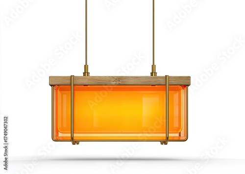 Rectangular, orange pendant light. Wooden top, glass front.  Hanging fixture