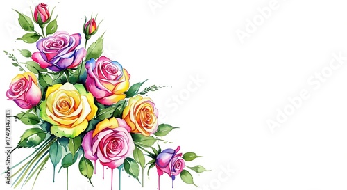 Watercolor rose bouquet design with vibrant colors and white background