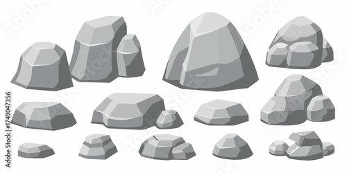 Collection of various grey isometric rocks and stones for game design and illustration
