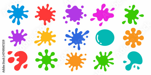 Collection of colorful liquid paint splatters and splashes in various shapes and sizes