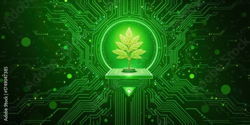 Digital Plant Growth on Circuit Board Background