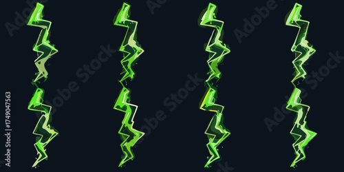 Collection of stylized green lightning bolt illustrations with a dark background and subtle reflections
