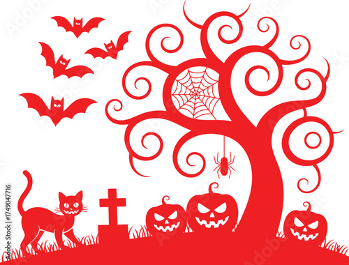 Halloween scene with spooky tree bats black cat pumpkins and graveyard