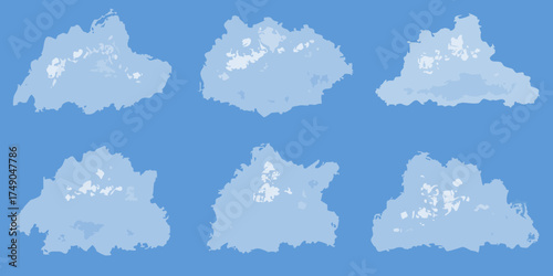 Six abstract light blue clouds with white highlights against a solid blue sky background