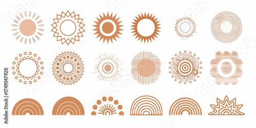 Collection of boho style sun and rainbow elements in earthy tones