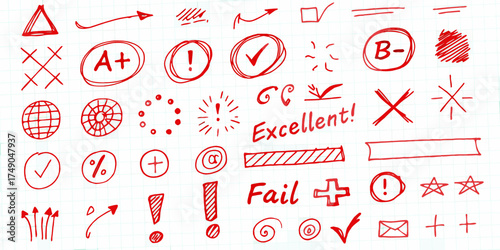 Collection of red hand drawn doodles and symbols on a white grid paper background