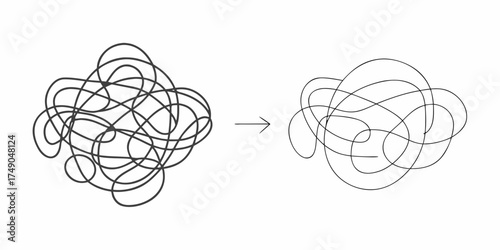 Visual representation of simplifying a complex tangled mess into a more organized and understandable form