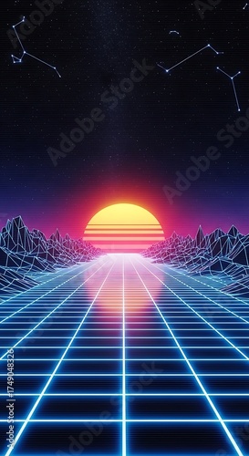 Retro Sunset Gridscape - A Nostalgic Journey into the Digital Horizon.