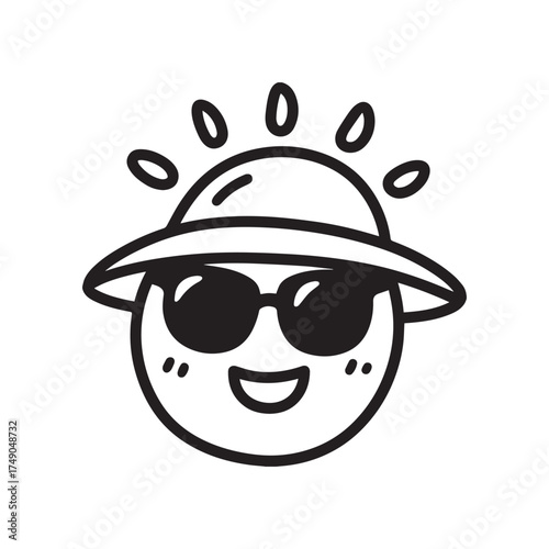  Funny Cute Doodle Smiling Emoji with Sun Hat and Sunglasses Outline.