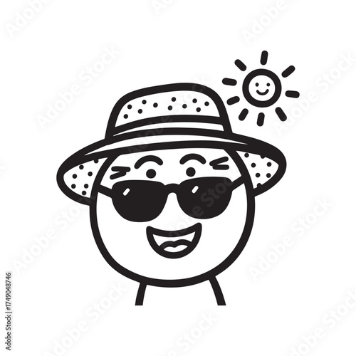  Funny Cute Doodle Smiling Emoji with Sun Hat and Sunglasses Outline.