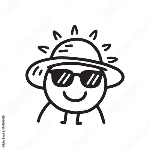  Funny Cute Doodle Smiling Emoji with Sun Hat and Sunglasses Outline.