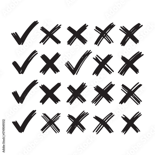Hand-Drawn Checkmarks and Crosses Collection. 