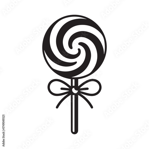 Minimal black-and-white lollipop with a swirl and ribbon bow.
