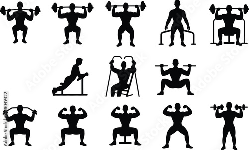 Bodybuilding and strength training gym silhouettes vector illustration design
