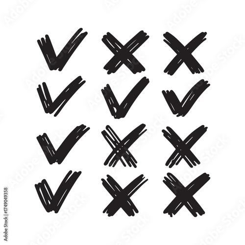 Hand-Drawn Checkmarks and Crosses Collection. 