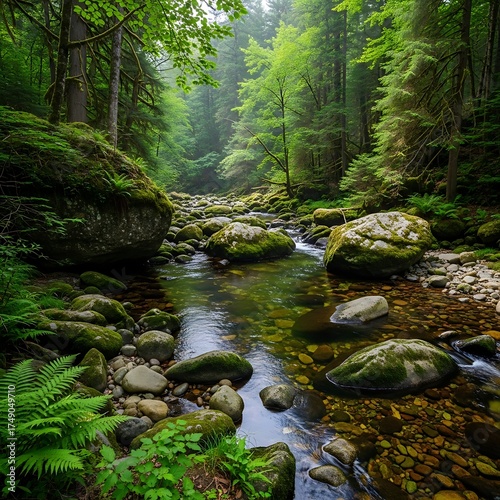 Serene Forest Stream - A Tranquil Landscape of Natures Beauty.