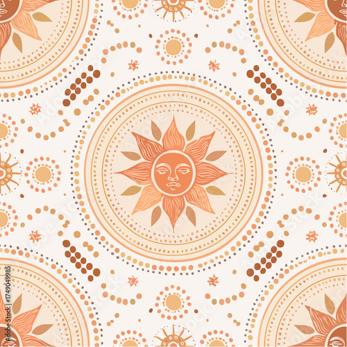 A seamless Indigenous Australian sun and earth pattern with concentric dotted circles and warm tones. Perfect for educational, artistic, or cultural projects.