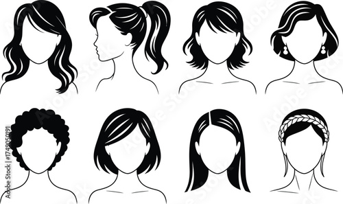 Collection of vector female hairstyle silhouettes in black and white format