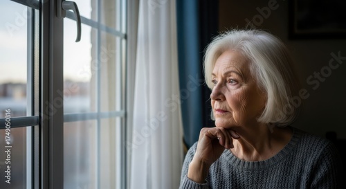 Elderly woman gazes out window reflecting on life with a thoughtful expression