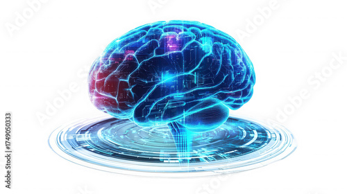Holographic brain with red and blue highlights on a circular platform on transparent background