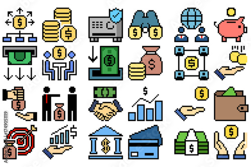 Set pixel finance icon vector for business, accounting, and monetary management. Useful for illustrating a collection of financial tools in a fun, retro, 8-bit aesthetic	
