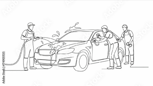 Continuous Line Art of Workers Washing Car with Hoses and Sponges, Minimalist Black and White Auto Detailing and Vehicle Cleaning Illustration