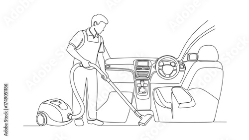 Continuous Line Art of Person Vacuuming Inside Car, Minimalist Black and White Illustration of Vehicle Cleaning and Hygiene