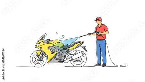 Continuous Line Art of Worker Washing Motorbike with Pressure Washer, Minimalist Motorcycle Cleaning Service Illustration