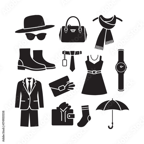 Minimalist Black Silhouette Fashion Icons Collection Showcasing Elegant Modern Lifestyle Essentials. 