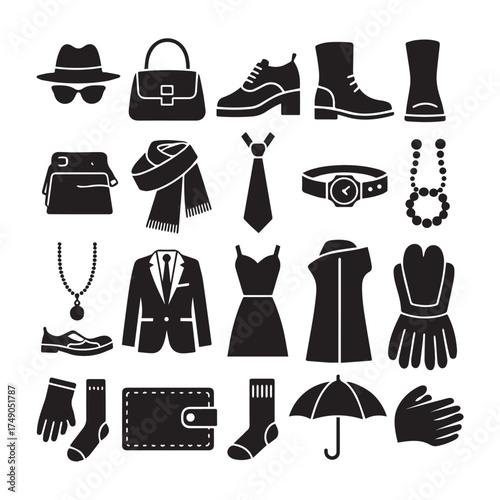 Minimalist Black Silhouette Fashion Icons Collection Showcasing Elegant Modern Lifestyle Essentials. 