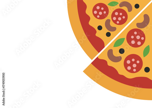 Flat lay illustration of a delicious pizza with a removed slice and a smaller separate piece. Food menu design, fast food concept.