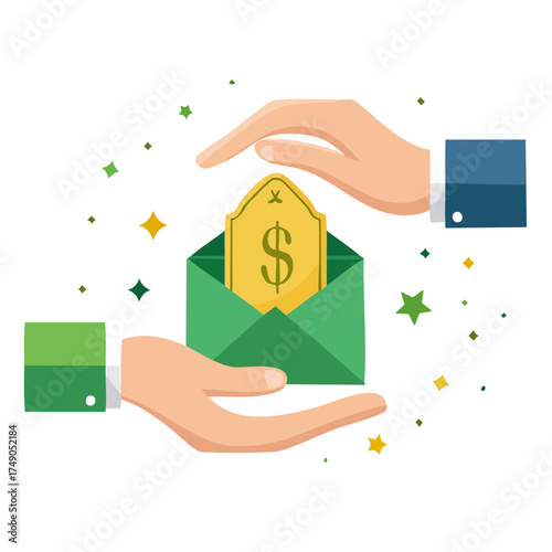 Two hands exchanging an envelope with a dollar coin inside, symbolizing financial transactions and security.