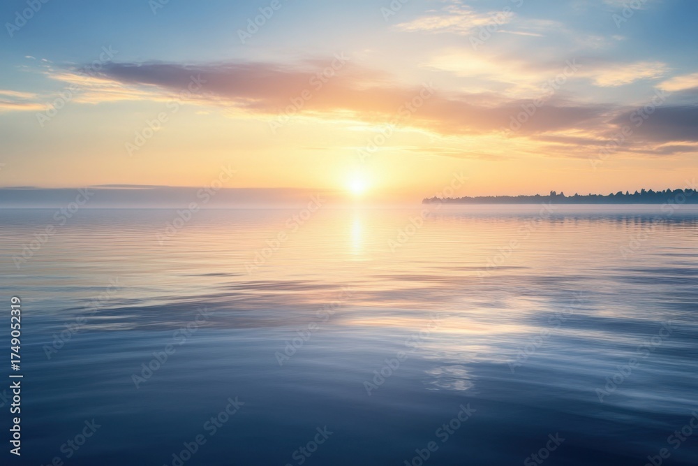 Obraz premium Serene sunset over calm water reveals a peaceful lakeside view at twilight