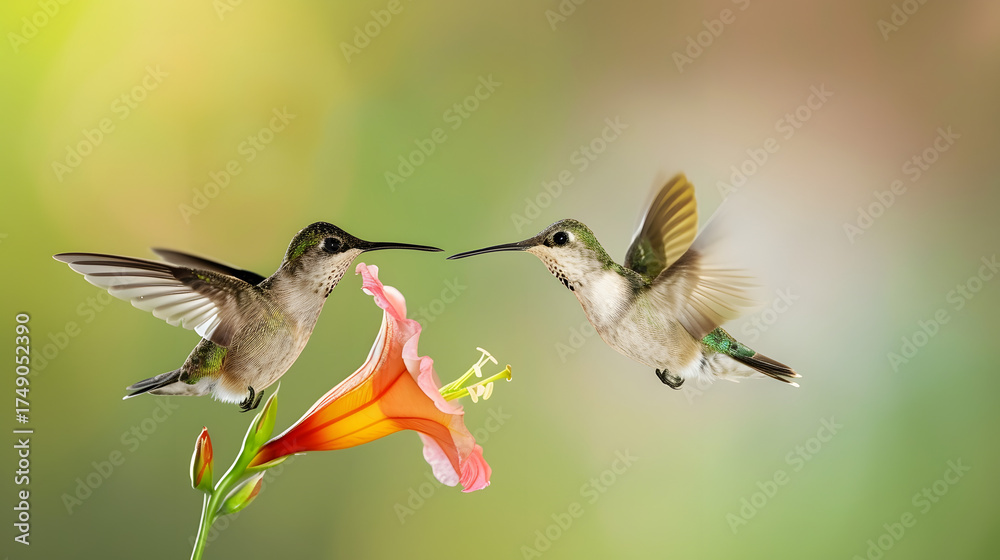 Fototapeta premium Ruby-throated Hummingbird (Male) with a Mandevilla Flower