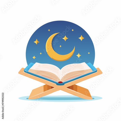 An open book rests on a wooden stand beneath a crescent moon and stars in a dark blue night sky.