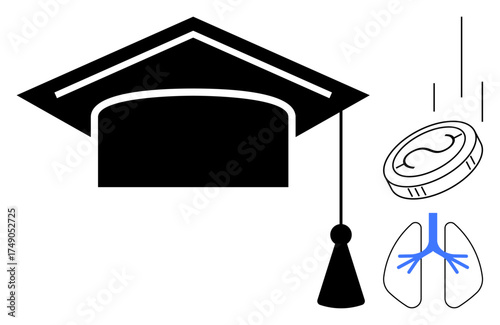 Graduation cap with tassel, falling coin, and lungs emphasizing education expenses, healthcare, or knowledge investment. Ideal for education, finance, health, career growth opportunity cost equity