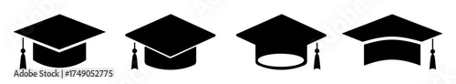 Collection of graduation cap icons with tassel, perfect for education, university, college, learning, courses, certificates, and achievement visuals clean minimal vector set for apps and web.