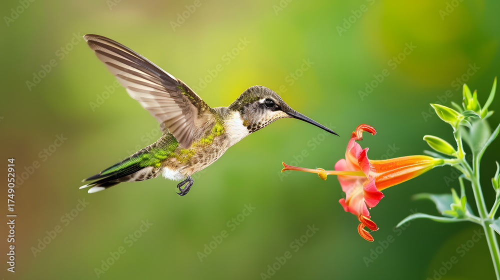 Naklejka premium Ruby-throated Hummingbird (Male) with a Mandevilla Flower