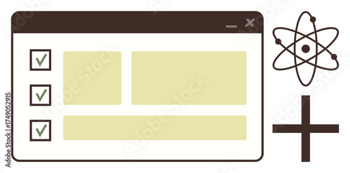 Web interface window with checkboxes, atom model, and plus sign. Ideal for productivity, science, teamwork, collaboration, organization web applications innovation. Simple flat metaphor