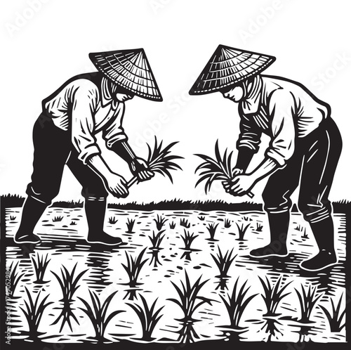  Vintage Monochrome Woodcut of Farmers Planting Rice Depicting Traditional Rural Agricultural Life. 