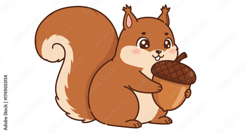 Fototapeta premium Cartoon Squirrel Holding Acorn Illustration with Bushy Tail and Cute Features