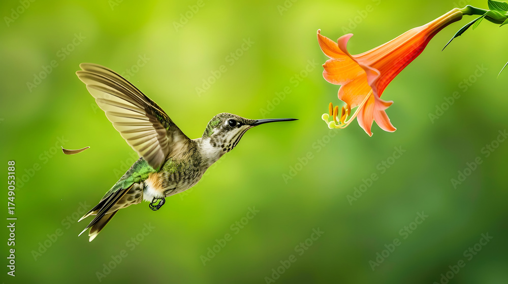Fototapeta premium Ruby-throated Hummingbird (Male) with a Mandevilla Flower
