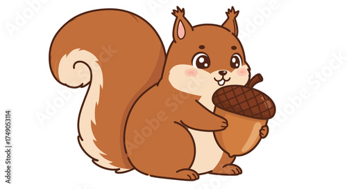 Cartoon Squirrel Holding Acorn Illustration with Bushy Tail and Cute Features