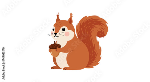 Cartoon Squirrel Holding Acorn with Bushy Tail Illustration