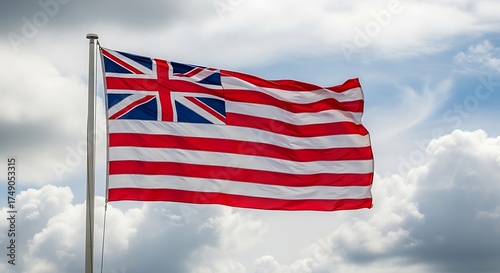 Grand Union Flag Waving Proudly Against a Cloudy Sky.