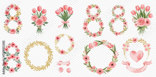 Beautiful watercolor illustrations of pink flowers, bouquets, wreaths, and decorative number eights, perfect for Women's Day.
