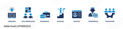 Learning, Collaboration & Career Success Icons set vector illustration blue with Learning, Collaboration, Internship, Success, Profile, Experience, Teamwork: