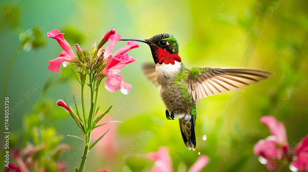 Fototapeta premium Ruby-throated Hummingbird (Male) with a Mandevilla Flower