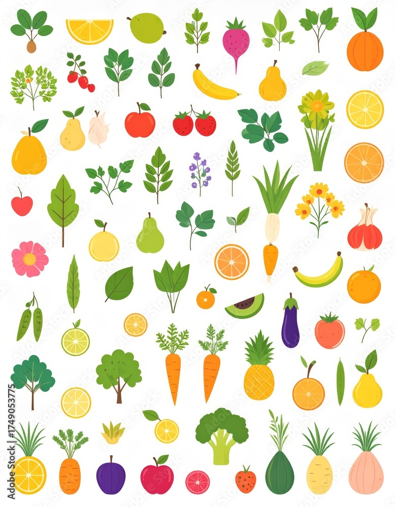 Obraz premium Spring and summer fruit and vegetable element set, vector illustration