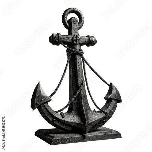 Metal anchor Detailed nautical equipment with rope on a dark background